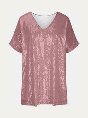 Rose gold sequin slouchy V-neck top with short sleeves