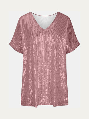 Rose gold sequin slouchy V-neck top with short sleeves