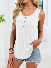 White ruched tank top with button detail and curved hem