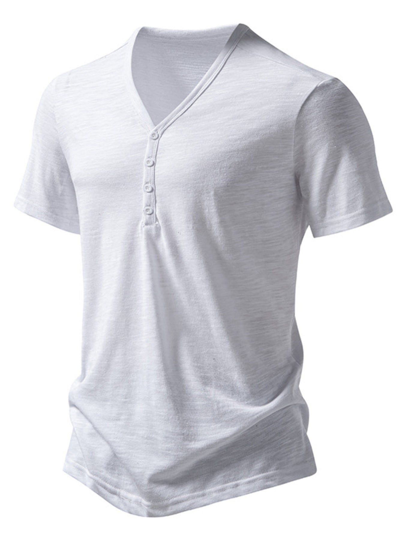 Men's white cotton blend short sleeve t-shirt with button placket and curved hem