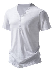 Men's white cotton blend short sleeve t-shirt with button placket and curved hem