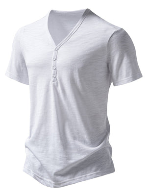 Men's white cotton blend short sleeve t-shirt with button placket and curved hem