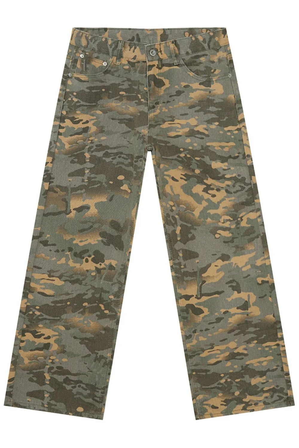 Camouflage wide-leg denim trousers in a multi-color army pattern.