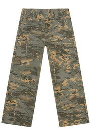 Camouflage wide-leg denim trousers in a multi-color army pattern.
