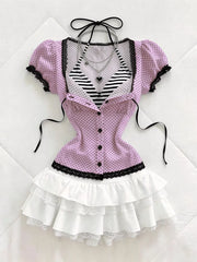 Polka Dot Lace Trim Puff Sleeve Top, view 16
