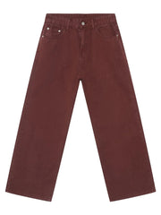 Burgundy wide-leg denim trousers with a casual, baggy fit.