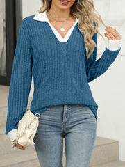Ribbed knit long sleeve t-shirt in Peacock Blue with white collar and cuffs, v-neck.