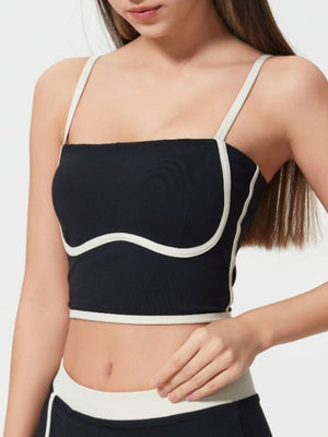 Black crop top with contrast piping and thin straps