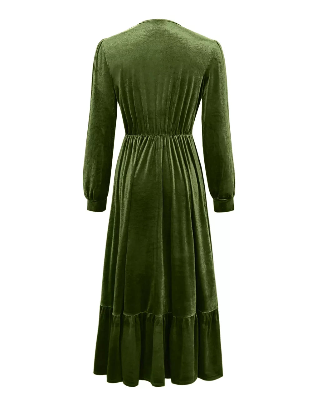 Dark green velvet maxi dress with voluminous sleeves, elastic waist, and ruffled hem.