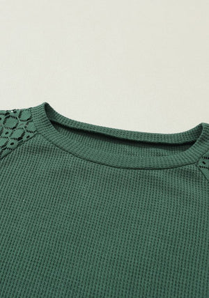 Green waffle knit raglan top with lace yoke detail