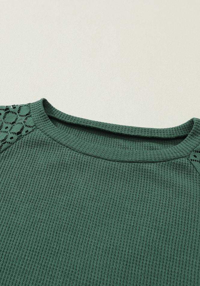 Green waffle knit raglan top with lace yoke detail