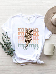 White Mama Bolt graphic t-shirt with leopard print lightning bolt and pastel text.