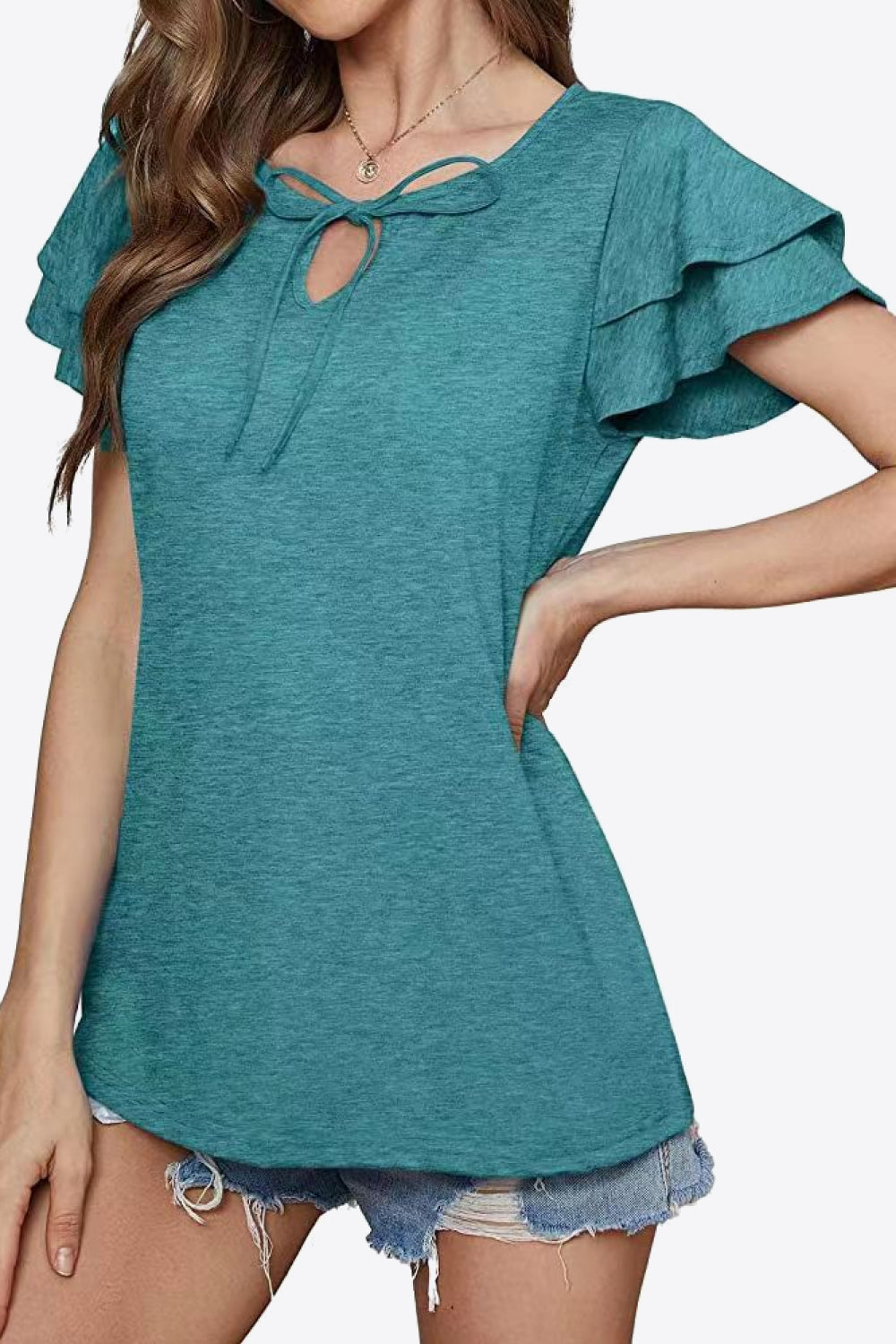 Teal tiered sleeve keyhole blouse with tie detail