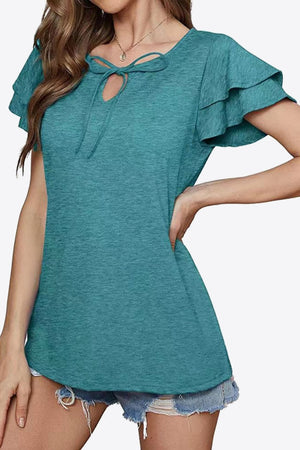 Teal tiered sleeve keyhole blouse with tie detail