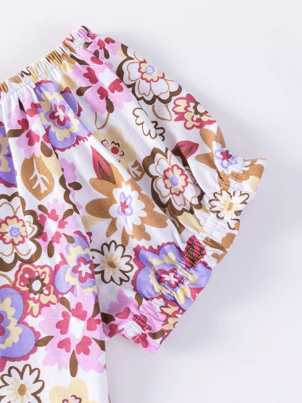 Girls' floral print cotton top with ruffled sleeves and elastic neckline.