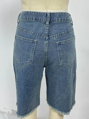 Blue denim bermuda shorts with frayed hem and relaxed fit.