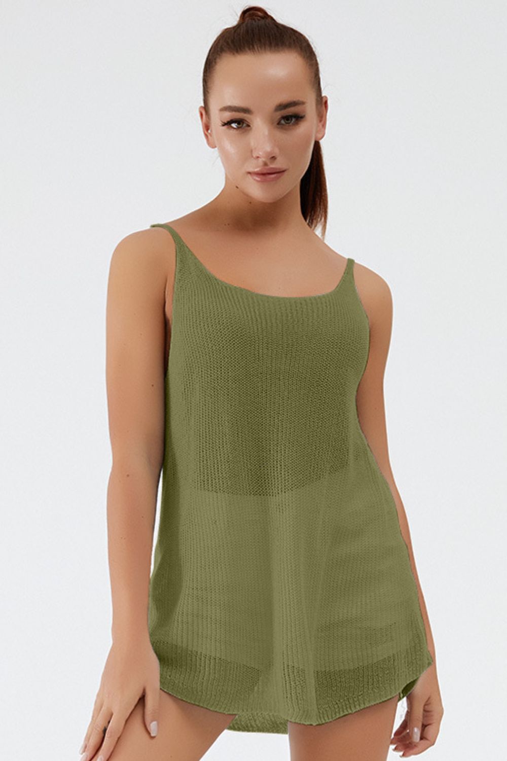 Matcha green ribbed knit cami with scoop neckline and thin straps.