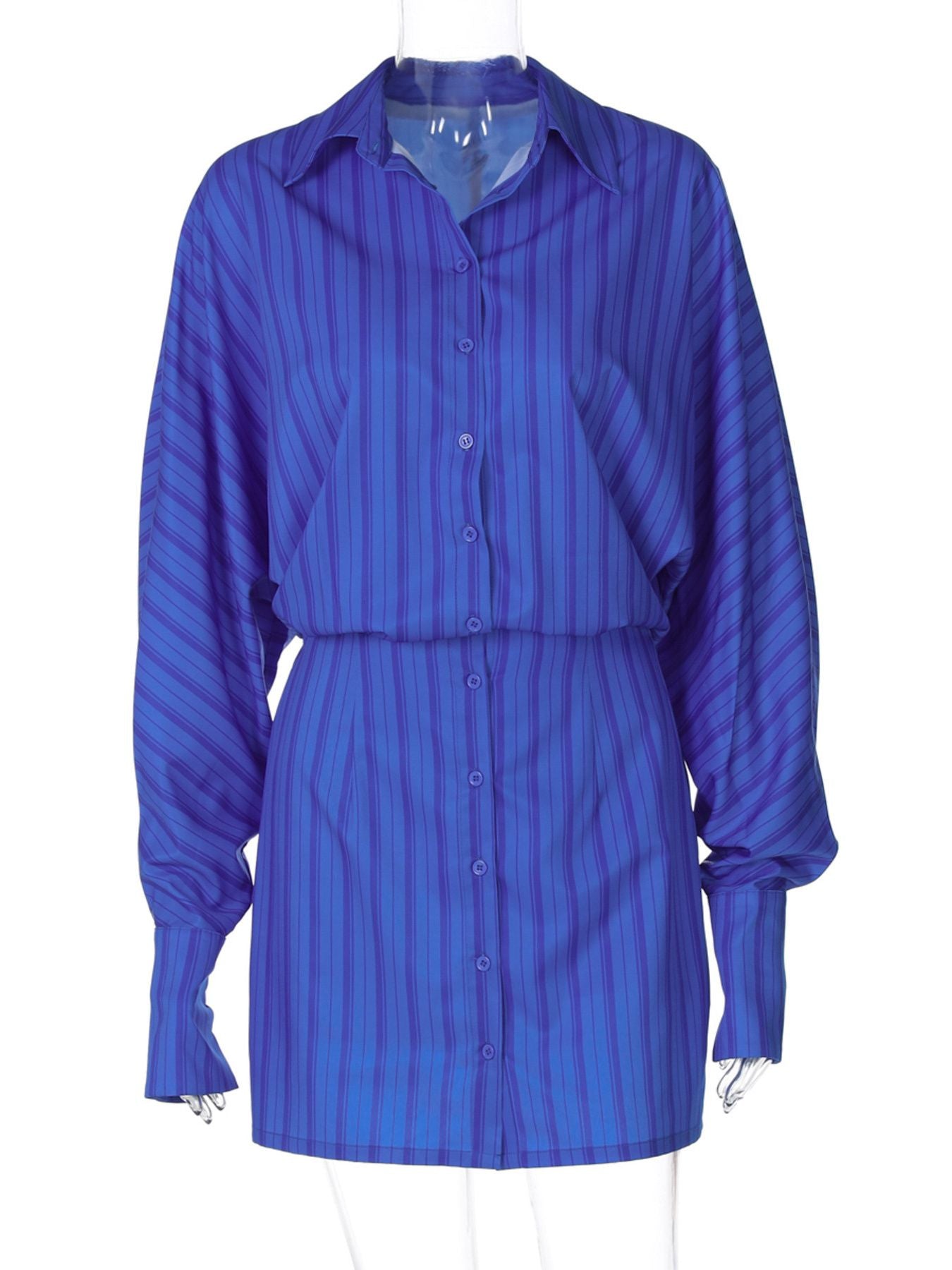 Blue striped button-down mini dress with long sleeves and cinched waist