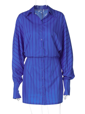 Blue striped button-down mini dress with long sleeves and cinched waist