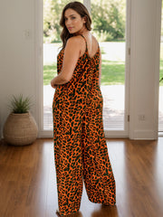 Cami leopard print palazzo jumpsuit in Terracotta with spaghetti straps and wide legs.