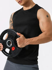 Black performance sleeveless crew neck tank top with gray athletic shorts.