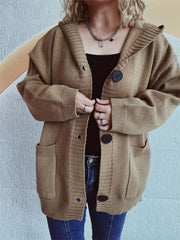 Taupe chunky knit hooded button-down cardigan with pockets and large buttons