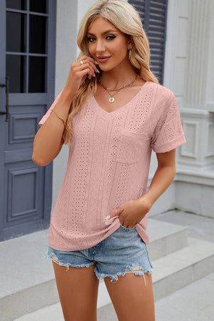 Blush pink perforated v-neck t-shirt with rolled sleeves and chest pocket