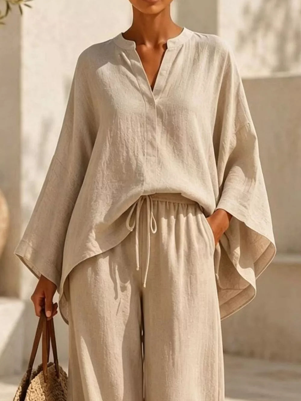 Notched Long Sleeve Top And Wide-leg Pants Set in White, side view