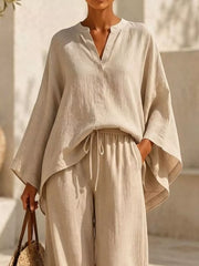 Notched Long Sleeve Top And Wide-leg Pants Set in White, side view
