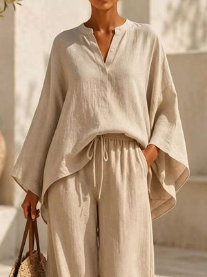 Notched Long Sleeve Top And Wide-leg Pants Set in White, side view