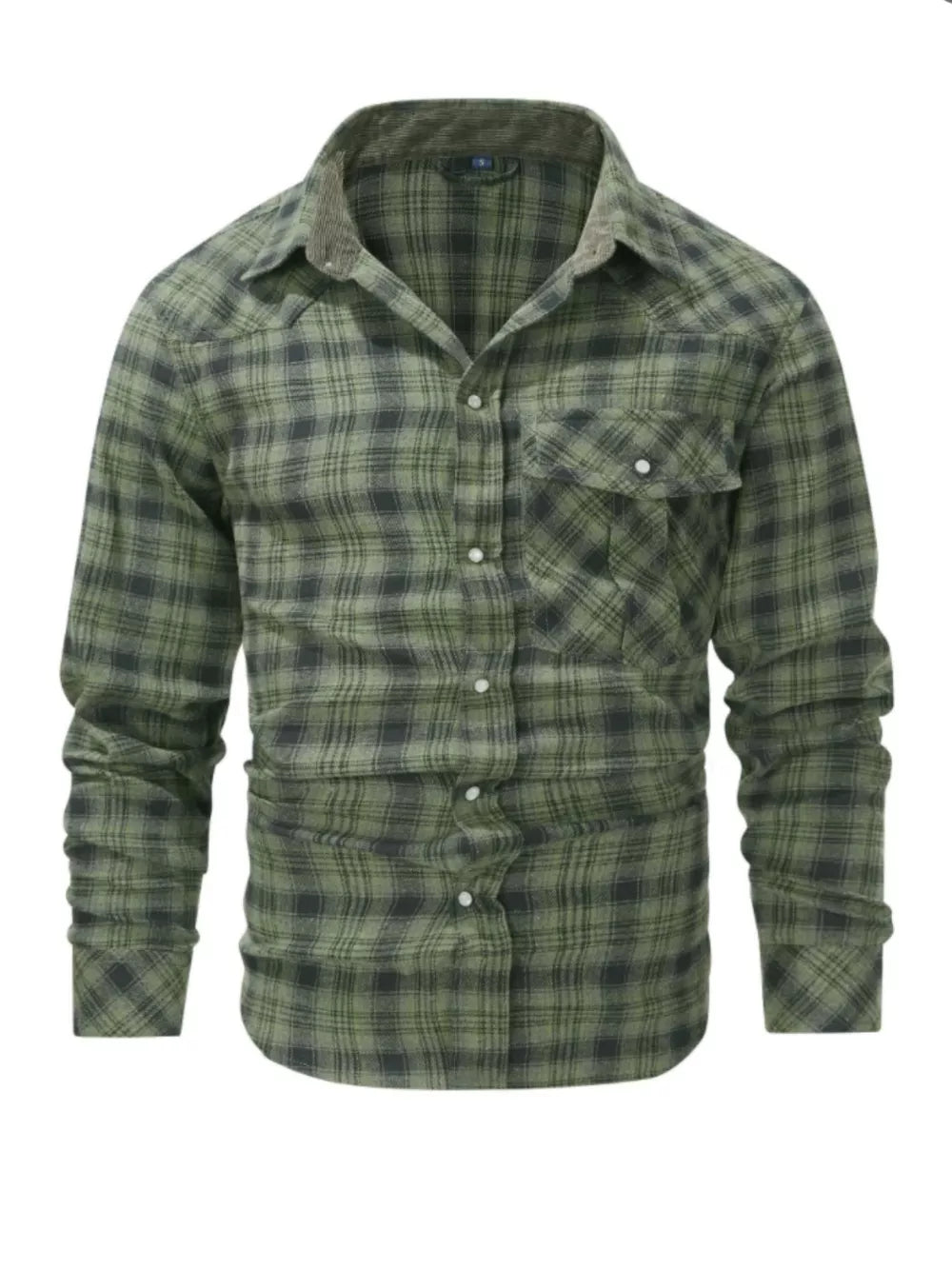 Green plaid cotton button-up shirt with chest pockets and corduroy collar detail.