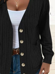 Black ribbed knit button-down cardigan with pockets and tan buttons.