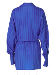 Blue striped button-down mini dress with cinched waist and button cuffs