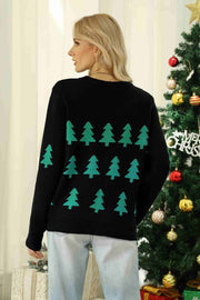 Black crewneck sweater with emerald tree motif pattern, crew neck, long sleeves.