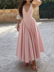 light pink maxi dress with gingham and halter