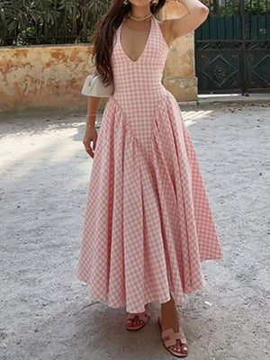 light pink maxi dress with gingham and halter