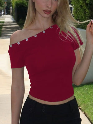 Fitted red one-shoulder t-shirt with button detail and short sleeves