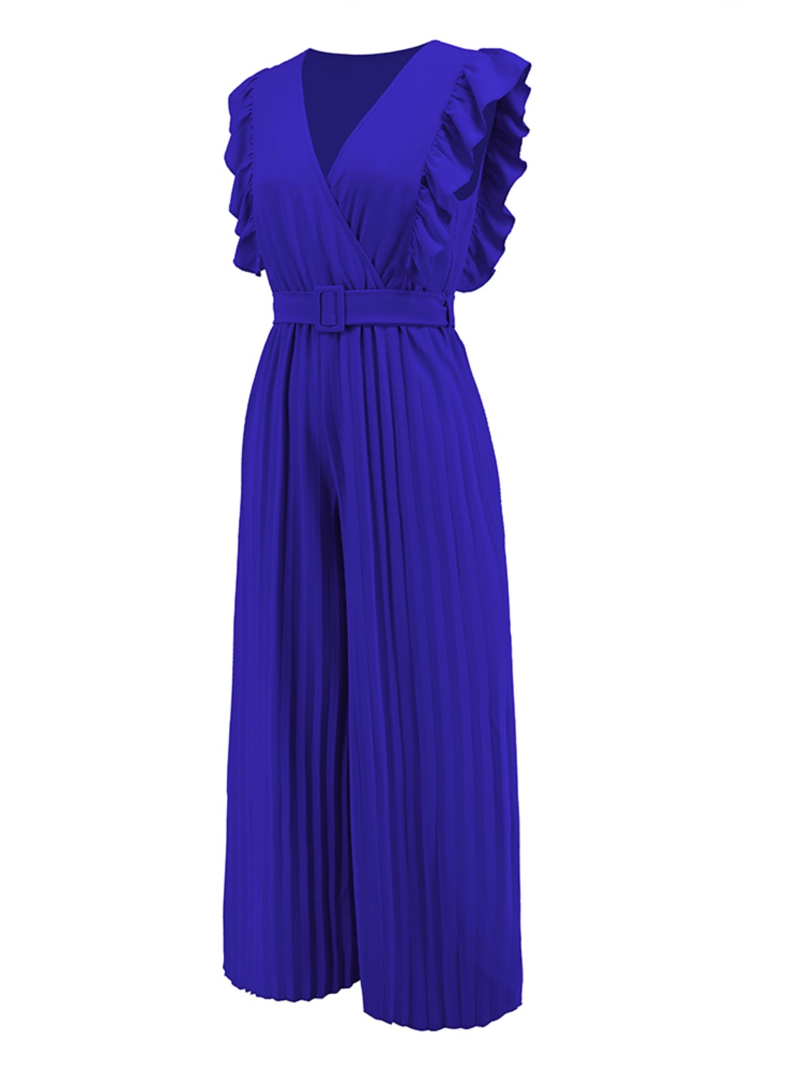 Royal blue pleated ruffle wrap jumpsuit with belt