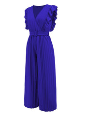 Royal blue pleated ruffle wrap jumpsuit with belt