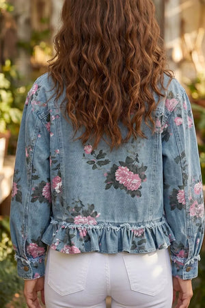 Floral Print Denim Jacket With Ruffled Hem, fabric detail