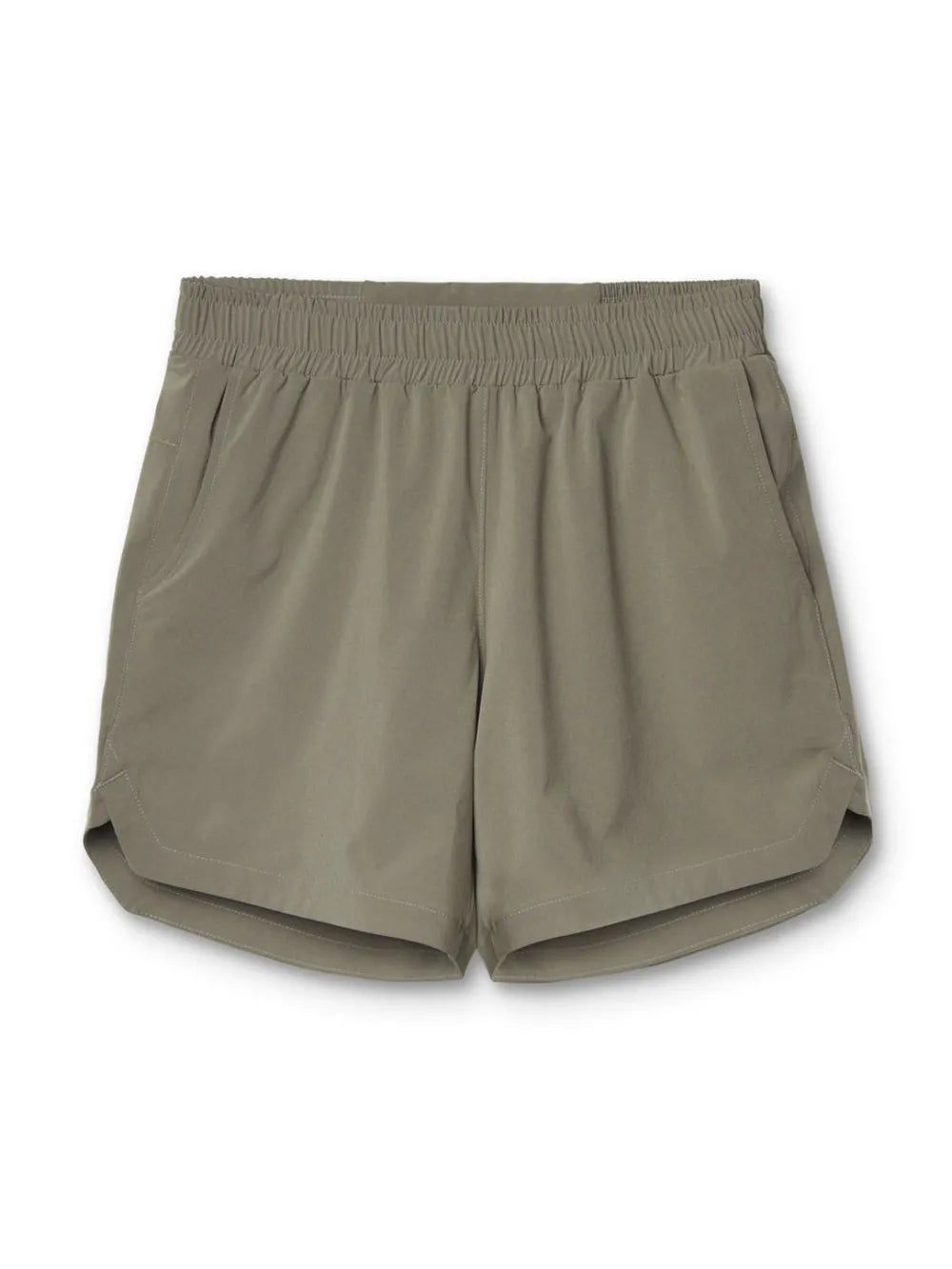 Sage performance drawstring running shorts with elastic waistband and side pockets.