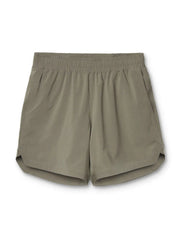 Sage performance drawstring running shorts with elastic waistband and side pockets.