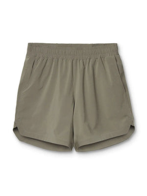 Sage performance drawstring running shorts with elastic waistband and side pockets.