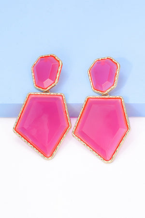Hot pink resin facet drop earrings with gold trim