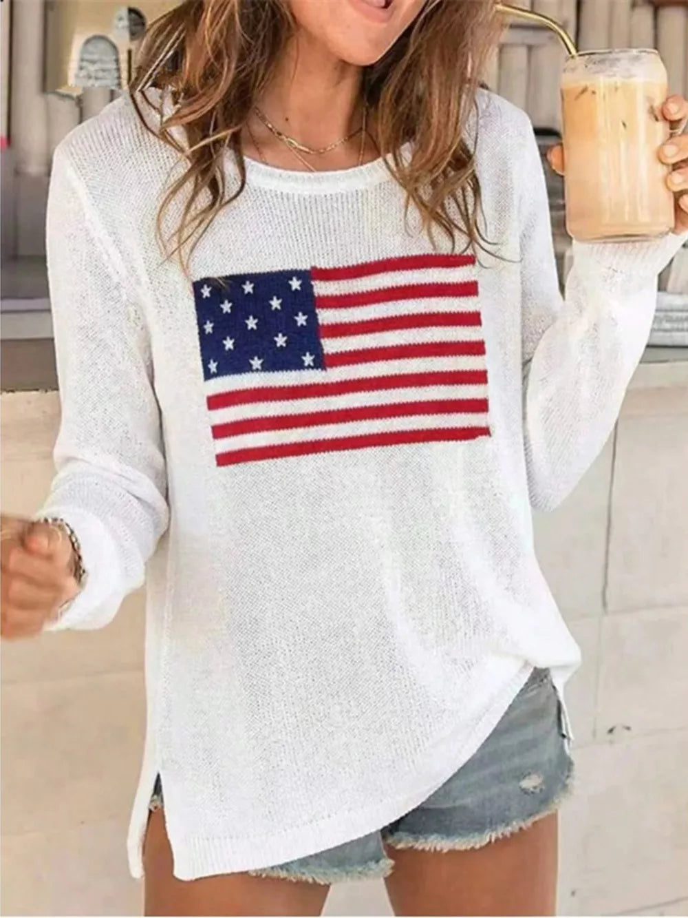 American Flag Long Sleeve Sweater in White, front view
