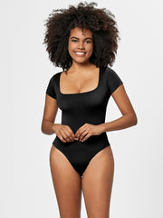 Black square neck short sleeve bodysuit with a high cut leg