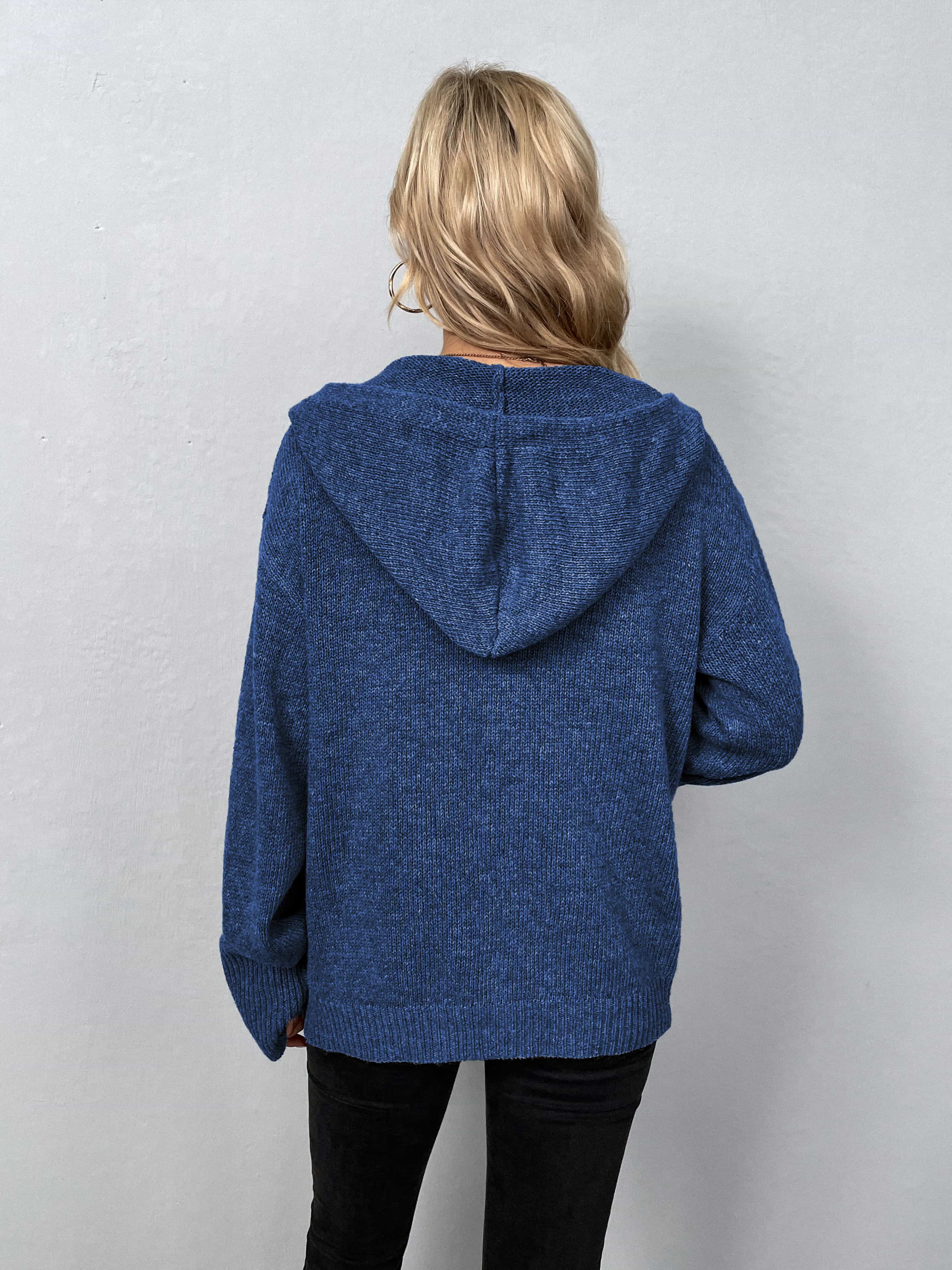 Button-front hooded knit cardigan in Dark Blue, featuring a ribbed texture and relaxed fit.