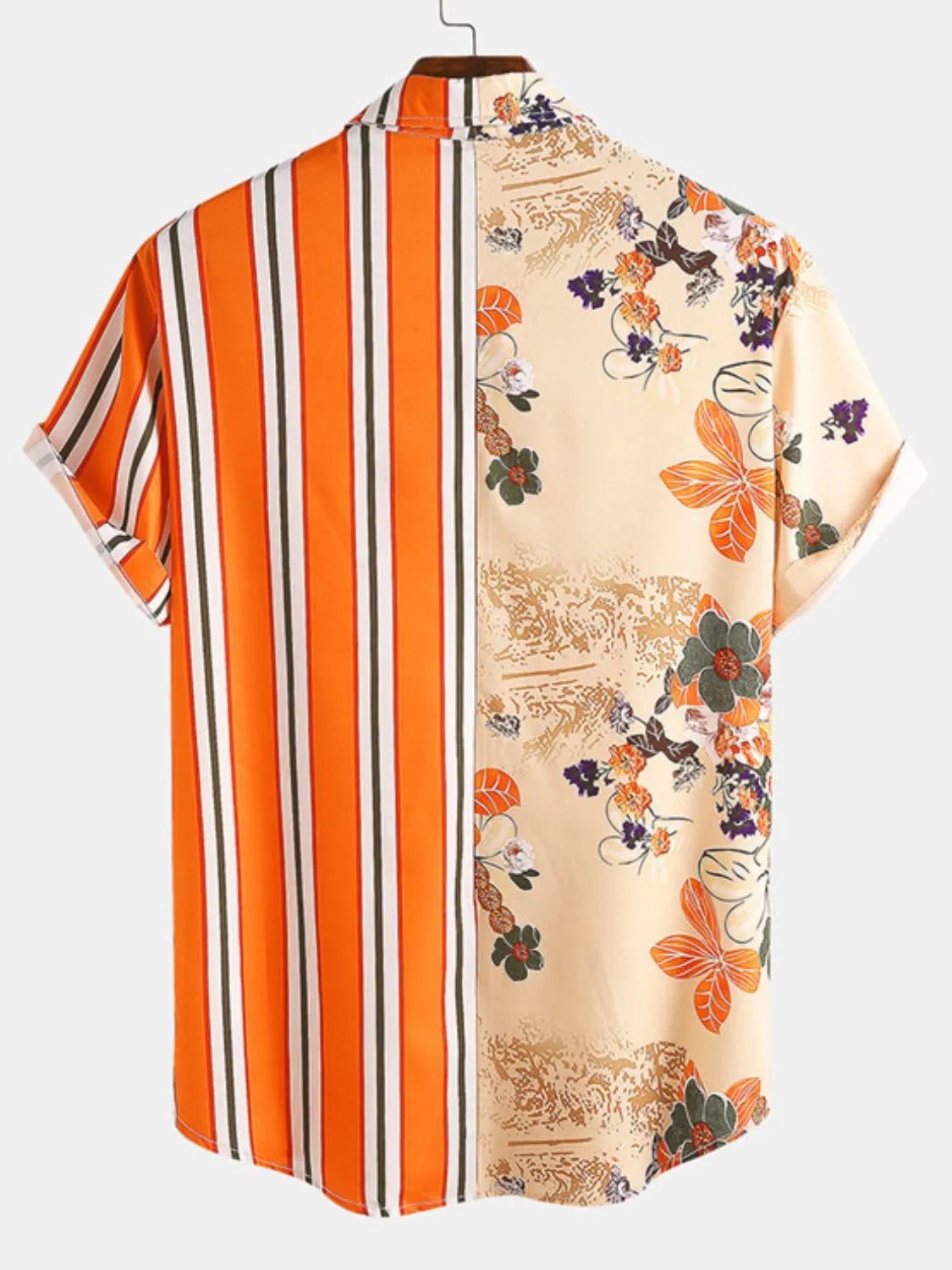 Split-panel resort shirt with orange stripes and floral print, short sleeves, button-up style.