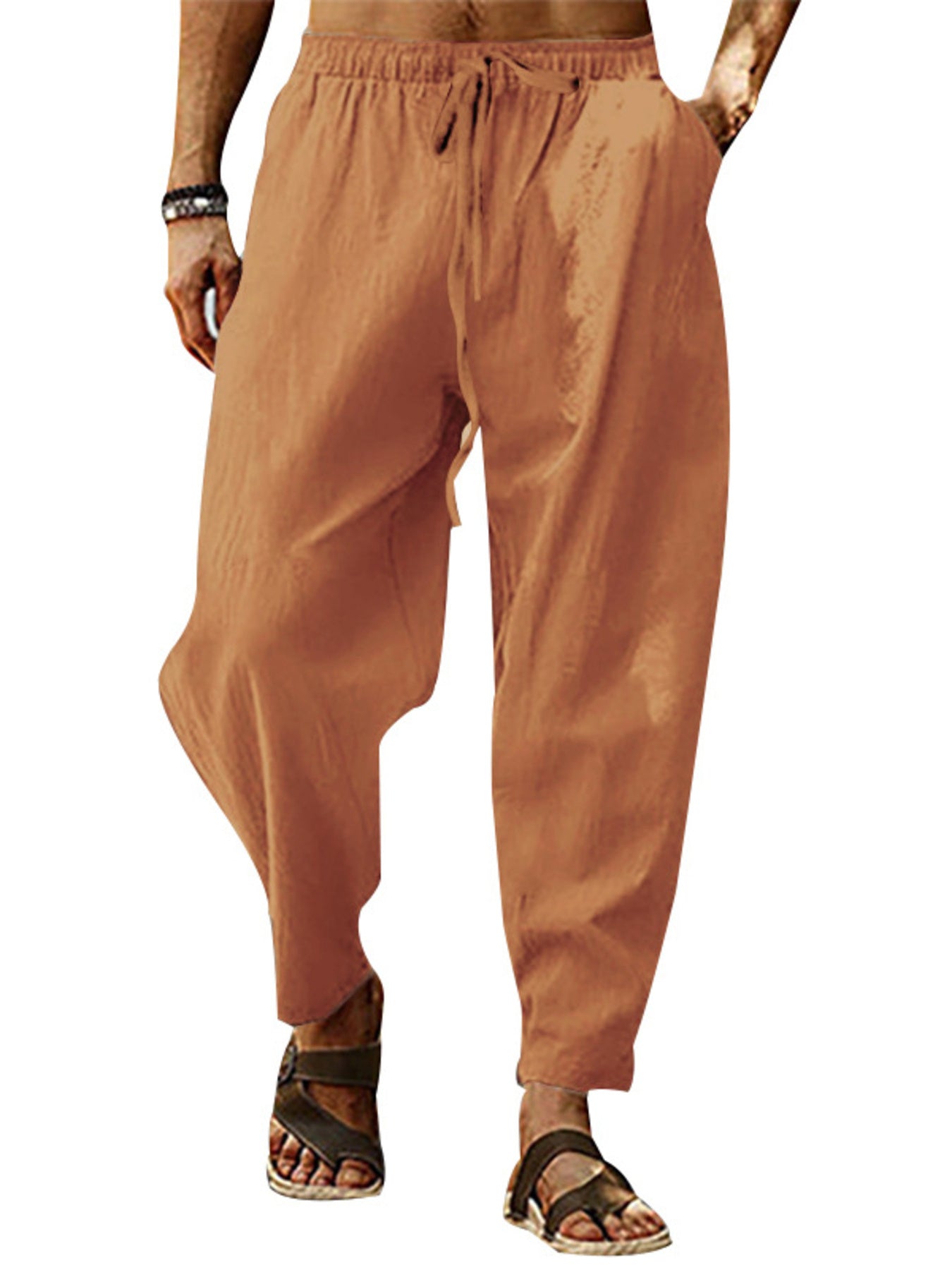Men's wide leg sweatpants in Khakis with drawstring waist and pockets.