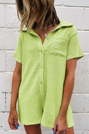 Lime textured collared romper with button front and patch pocket